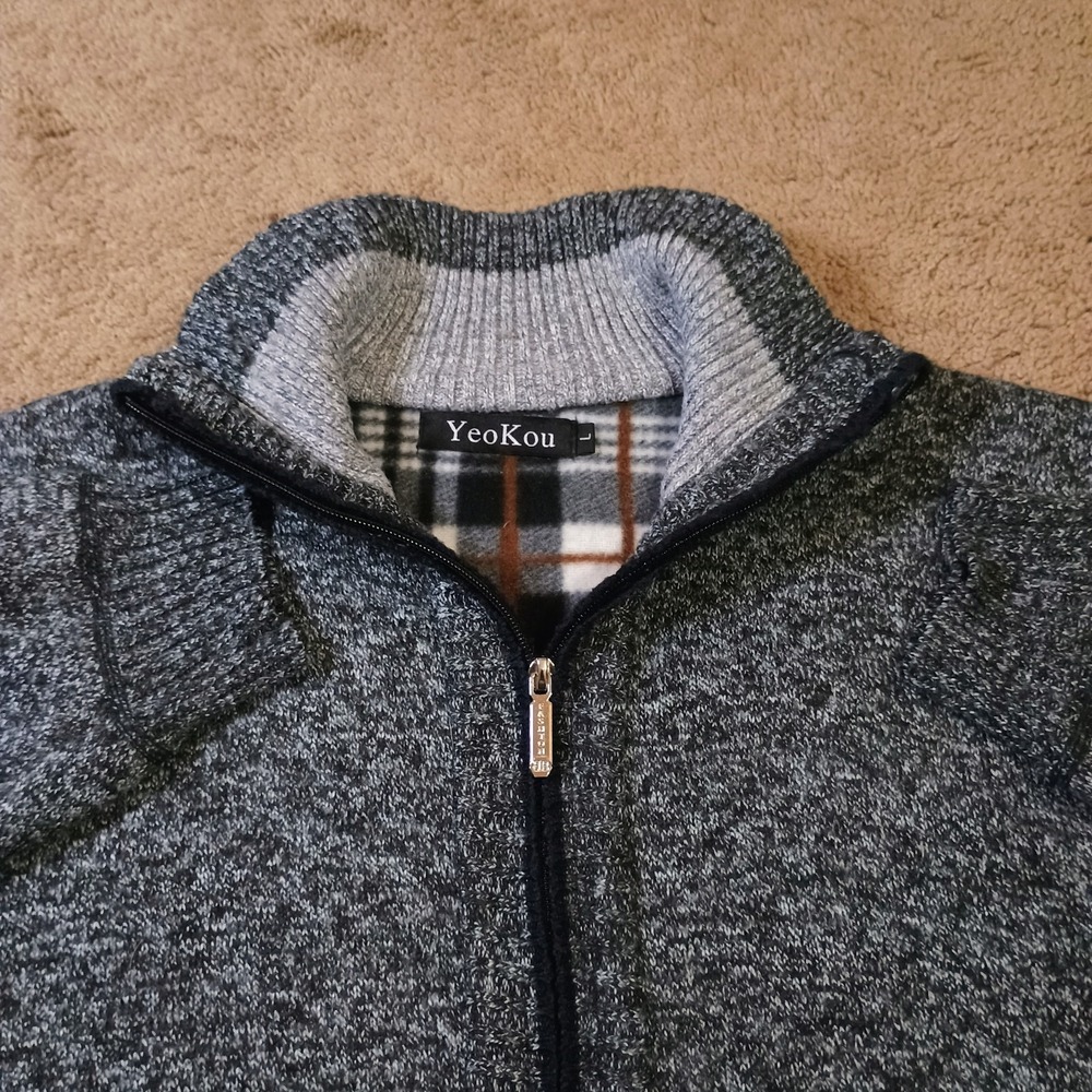 YeoKou Full Zip Cardigan Sweater Mens Large Gray Marled Plaid Fleece Lined